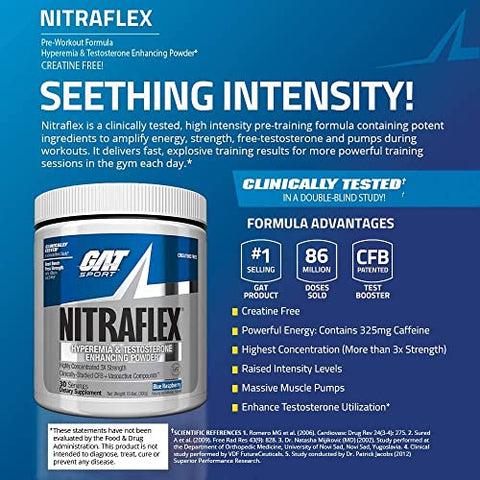 Nitraflex Advanced: Pó Pré-Treino, Aumenta Fluxo Sanguíneo, Potencializa Força e Energia, Melhora Desempenho nos Exercícios (Blue Raspberry, 30 Porções) - GAT SPORT