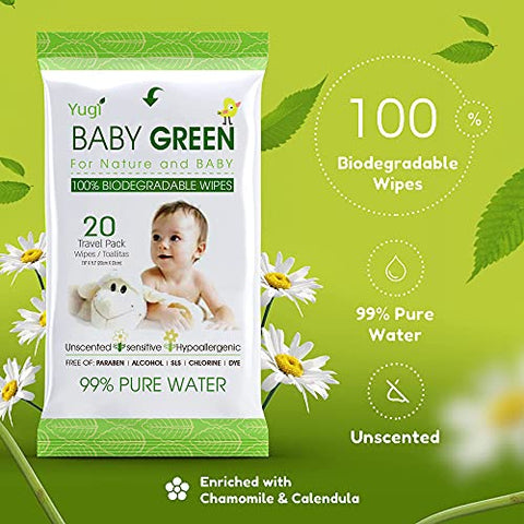 Yugi Baby Green - Baby Green Wipes Orgânicas Compostáveis e Biodegradáveis sem Fragrância – Pack de Viagem (12 Packs de 20) 240 para Pele Sensível