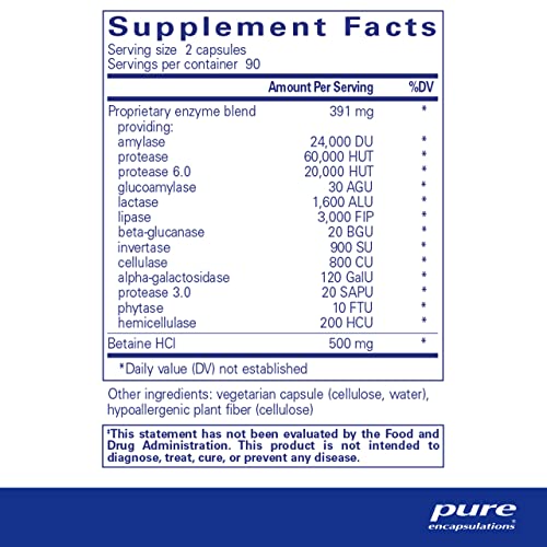 Digestive Enzymes Ultra com Betaine HCl – Suplemento Digestivo Vegetariano para Apoiar a Digestão de Proteínas, Carboidratos, Fibras e Laticínios* – 180 Cápsulas - Pure Encapsulations