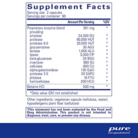 Digestive Enzymes Ultra com Betaine HCl – Suplemento Digestivo Vegetariano para Apoiar a Digestão de Proteínas, Carboidratos, Fibras e Laticínios* – 180 Cápsulas - Pure Encapsulations