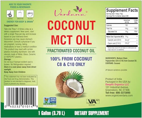 Óleo de Coco Verdana MCT Fracionado 100%% Puro – 1 Galão (3,785 litros) – Grau Alimentício Kosher, Vegano, Não-OGM – Ideal para Dietas Keto e Paleo, Enxaguante Bucal de Óleo para Oil Pulling (128 ml)