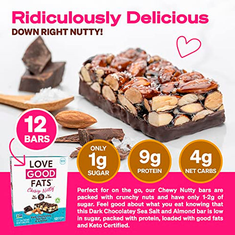 LOVE GOOD FATS - Barras de Proteína Keto à Base de Plantas Love Good Fats – Chocolate Amargo, Sal Marinho e Amêndoas – 13g de Gorduras Boas, 9g de Proteína, 4g de Carboidratos Líquidos, 1g de Açúcar, Sem Glúten, Não-OGM – Dark