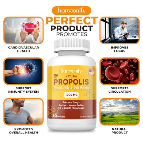 HARMONIFY - Extrato de Própolis, Geleia Real e Pólen de Abelha com Alfarroba – Suplemento Puro de Suporte Imunológico, Cápsulas Vegetarianas, Livre de Glúten, 1000 mg