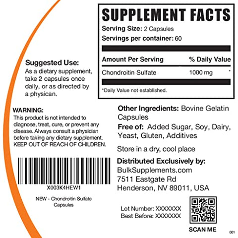 com Cápsulas de Sulfato de Condroitina – Suplementos de Sulfato de Condroitina, 1000 mg de Sulfato de Condroitina – Osso - BulkSupplements