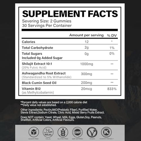 vidabotan - Gomas de Shilajit Sem Açúcar 1000mg – Suplemento Puro de Shilajit para Homens