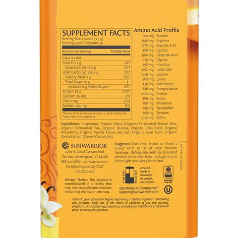 Proteína Orgânica Vegana em Pó à Base de Plantas | 5 Superfoods Quinoa Chia Seed Livre de Soja, Laticínios e Glúten | Livre de Sintéticos e Não-OGM | Baunilha 30 Porções | Classic Plus - Sunwarrior