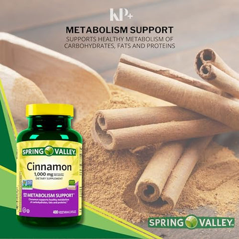 KP+ - Spring Valley Cápsulas Vegetarianas de Canela, 1000 mg, 400 Unidades, Kit de Suplementos de Canela com Estojo de Comprimidos