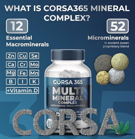 CORSA365 - Complexo de Magnésio com Minerais Traços para Suporte Imunológico – Suplemento Multimineral de Potássio, Magnésio, Cálcio, Vitamina D, Zinco, Cobre e Boro para Homens e Mulheres