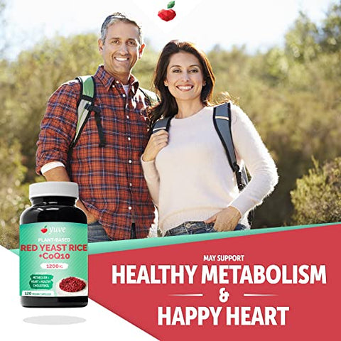 Yuve - Red Yeast Rice 1200 mg Capsules com CoQ10 – Mantenha níveis saudáveis de colesterol, Suplemento vegano de arroz vermelho para saúde do coração – Arroz Vermelho com CoQ10 para mulheres