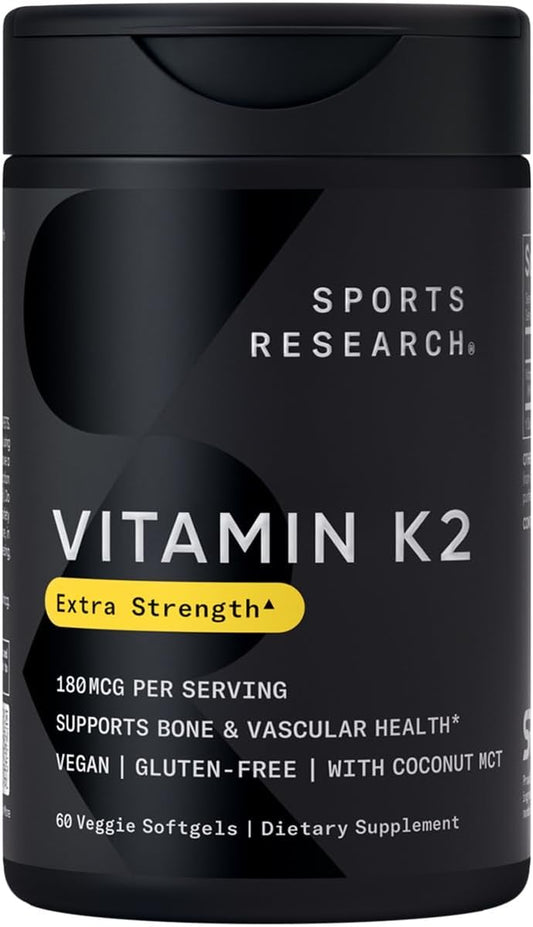 Sports Research - Vitamina K2 como MK-7 180mcg com Óleo de Coco MCT – 60 Cápsulas Vegetais – Certificado Vegano, Verificado Não-OGM