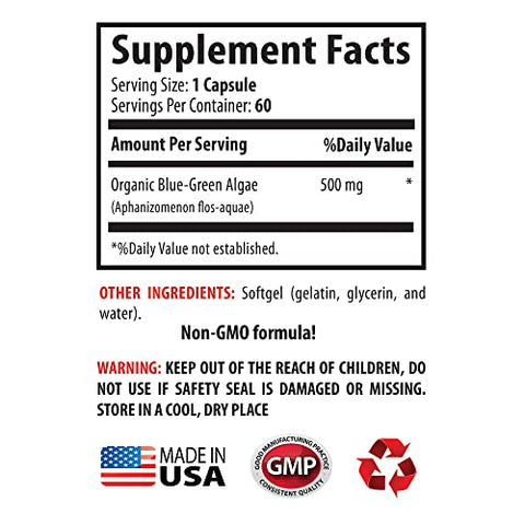 Sport Supplements - Cuidados com a pele herbal com Superfood Verde do Lago Klamath – Alga Azul Verde 500mg, Pó de Alga Azul Verde, Cápsulas de spirulina e chlorella, spirulina Alga Azul Verde