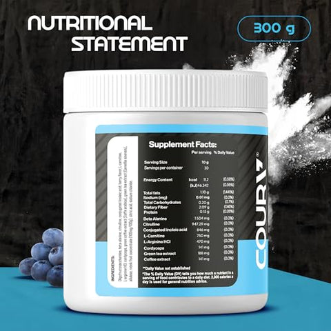 Pré-Treino Sabor Frutas Vermelhas 300g – 10,5 Ounces – Pó de Proteína – Aumento de Energia – Suporte para Foco e Resistência – Cordyceps – Ideal para Atletas – Sem Glúten - COURA