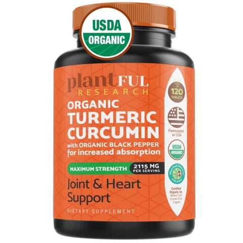 PLANTFUL RESEARCH - Suplemento Orgânico de Cúrcuma com Pimenta Preta – Potência Máxima Certificado USDA [Curcumina Orgânica Não-OGM 2115mg] Antioxidante para Articulações