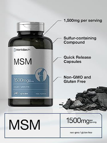 Cápsulas de Suplemento MSM | 1500mg | 240 Unidades | Fórmula de Metilsulfonilmetano | Livre de OGM, Sem Glúten - Horbäach