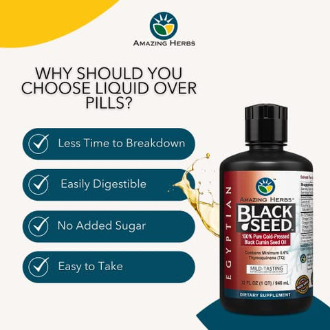 Óleo de Semente Preta Egípcia Amazing Herbs – Sem Glúten, Não Transgênico, Extraído a Frio de Nigella Sativa Auxilia na Saúde Digestiva, Suporte Imunológico, Função Cerebral, Sabor Suave – 946 ml