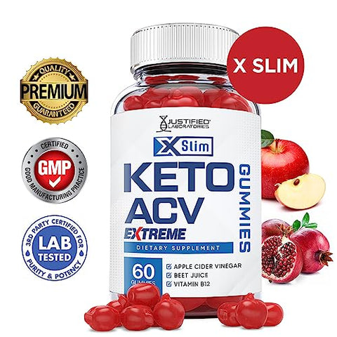 Justified Laboratories - Xslim Gummies Extreme Formula 2000MG ACV Keto Vegan Non GMO com Suco de Romã, Beterraba e B12 60 Gummys