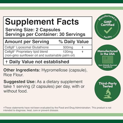 Double Wood Supplements - Liposomal Glutationa 500mg por Porção, 60 Cápsulas (Vegano, Não-OGM) Máxima Absorção Liposomal Glutationa com Autêntico Cheiro e Sabor por Double Wood