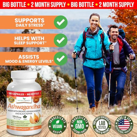Nature's Branch - Ashwagandha Orgânica Certificada UDAF com Pimenta Preta – 180 Cápsulas – 1965mg Extra Forte para Estresse, Sono, Humor, Tireoide, Concentração, Cabelo, Extrato Puro de Raiz Vegano – Homens