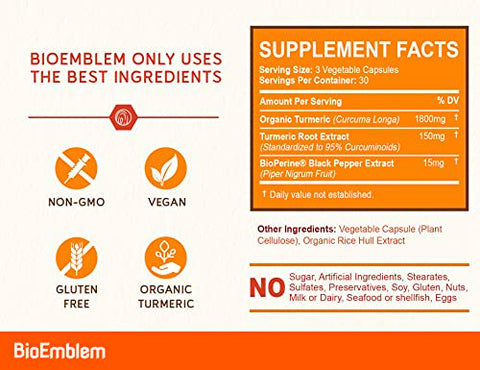 Cúrcuma Curcumina com BioPerine | Suporte para Articulações | 60 Cápsulas | 1000mg | Marca BioEmblem - BioEmblem