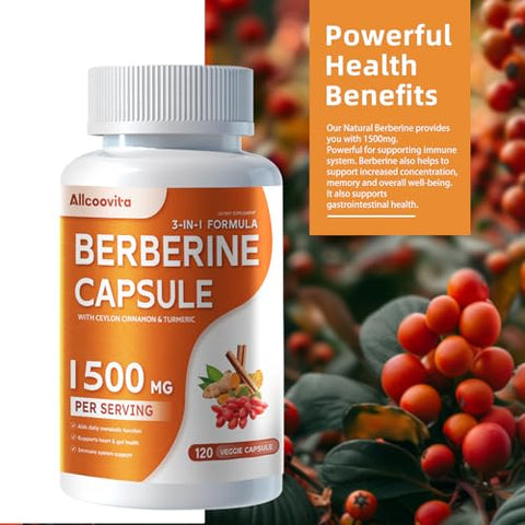 Allcoovita - Berberine Plus Cápsulas – 1500mg por Porção – 120 Unidades – HCI de Berberina – Canela Ceylon Pura – Suplemento de Raiz de HCI de Berberina