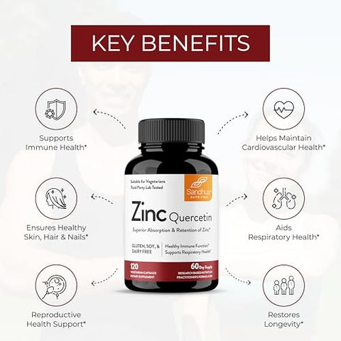 Sandhu's - Sandhu’s Zinc Quercetin 120 Cápsulas Vegetarianas (Pacote com 3) – Suplemento de Zinco para Suporte Antioxidante e Imunológico para Homens e Mulheres