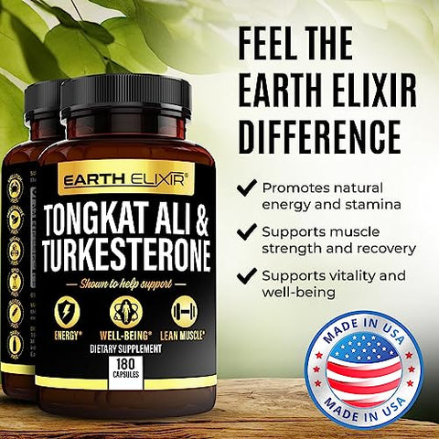 Earth Elixir - Turkesterone 1000mg e Tongkat Ali 400mg – 180 Cápsulas – Fabricado nos EUA – Máxima Pureza – Extrato de Tongkat Ali e Turkesterone para Homens – Sem Preenchedores – Não-OGM