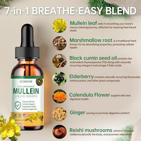 KEDISOM - Gotas de Mullein 7 em 1 para os Pulmões 60 ml – Extrato de Folha de Mullein Orgânico em Gotas – Suplemento Herbal Não-OGM para Suporte Imunológico