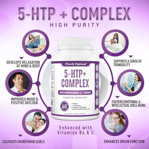 Purely Optimal - Suplemento Premium 5-HTP Plus 250mg – Máxima Potência: Auxílio ao Sono, Estímulo de Humor, Promove Calma
