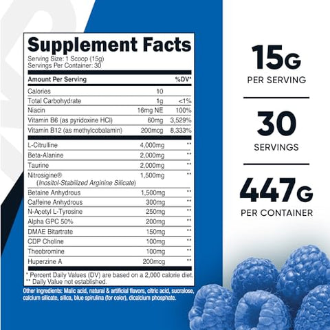 Pre-X Xtreme: Pó Complexo Pré-Treino, Sabor Framboesa Azul, 30 Porções, Vegetariano, Não-OGM e Sem Glúten - Nutricost