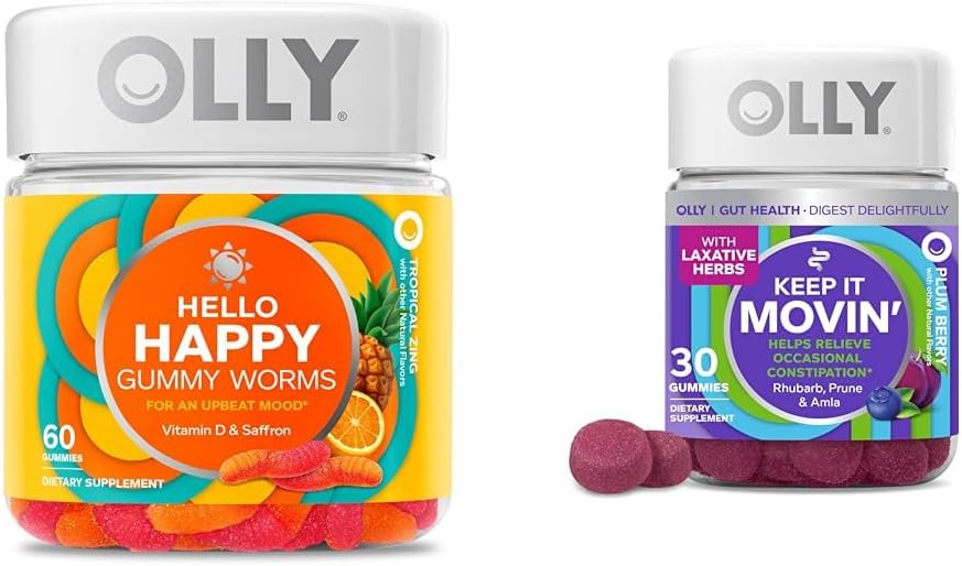 Hello Happy Gummy Worms – Suporte ao Humor com Açafrão e Vitamina D – 60 Unidades e Keep It Moving Gummies – Alívio da Prisão de Ventre com Ruibarbo, Ameixas e Amla – 30 Unidades - OLLY