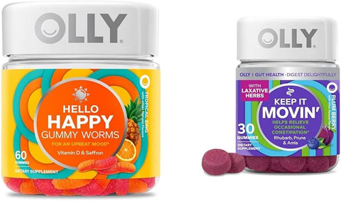 Hello Happy Gummy Worms – Suporte ao Humor com Açafrão e Vitamina D – 60 Unidades e Keep It Moving Gummies – Alívio da Prisão de Ventre com Ruibarbo, Ameixas e Amla – 30 Unidades - OLLY