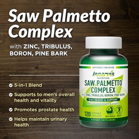 INNERVISNUTRITION - Complexo de Saw Palmetto 120 Cápsulas Vegetais para Suporte da Próstata e Saúde Urinária – Zinco, Tribulus, Boro, Casca de Pinheiro: Suplemento 5 em 1