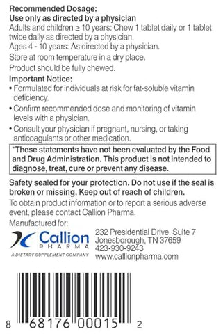 Callion Pharma - DEKAs Plus – Comprimidos Mastigáveis, 60 Unidades Cada – Vitaminas Essenciais para a Saúde