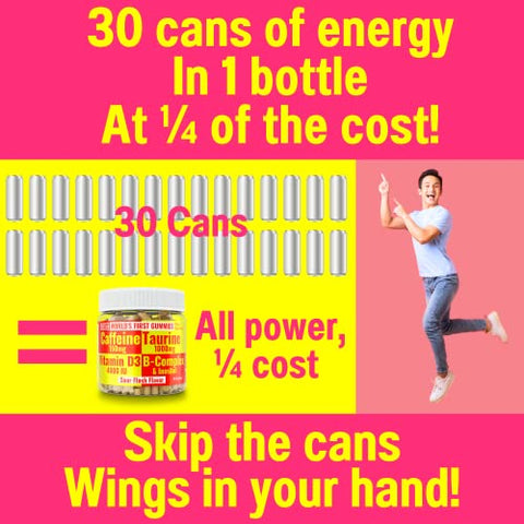 Gomas Energéticas com Taurina 1000mg, Cafeína 150mg, D-3, B-12, Complexo B, Inositol – Vitaminas em Gel, Bebidas, Cápsulas, Shots, Mastigáveis, Pó – Corrida, Corredores - SHIZAM