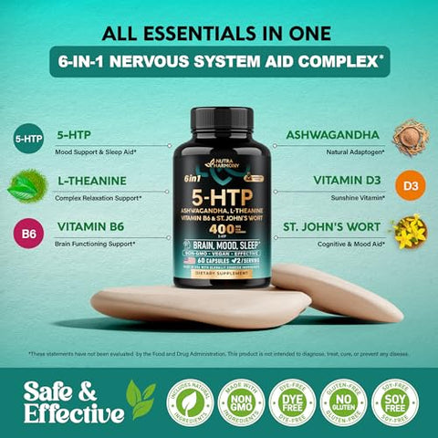 NUTRAHARMONY - 5HTP 400 mg Cápsulas – Suplemento 5-HTP Triptofano – Ashwagandha | L-Theanine | Erva de São João | Vitaminas B6 | Marca: [Nome da Marca]