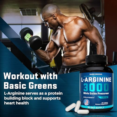 BASIC GREENS - L-Arginina 3.150mg (90 Cápsulas) – Suplemento de L-Arginina para Homens e Mulheres com Precursor de Óxido Nítrico, L-Arginina