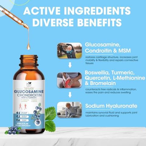 MABEFY - Glucosamina Condroitina MSM Gotas Líquidas c/ Cúrcuma Boswellia Quercetina Bromelina – Vegano, Suporte Antioxidante para Costas, Joelhos, Mãos – Suplemento de Suporte Articular Promove Saúde