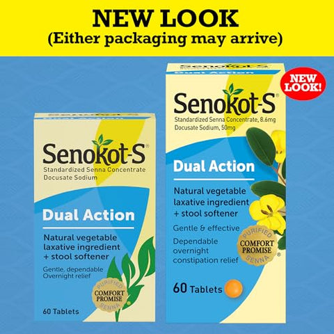 S Dual Action 60 Comprimidos – Laxante Natural de Vegetais com Amaciante de Fezes, Alívio Suave e Confiável da Constipação Ocasional durante a Noite - Senokot