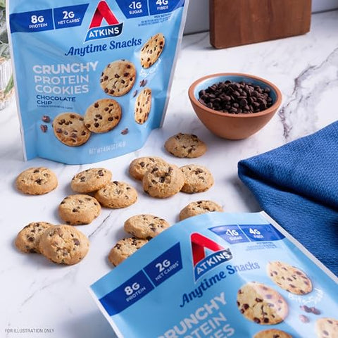 Cookies de Proteína Crocantes em Tamanho Mordida, Chocolate Chip, 8g Proteína, 4g Fibra, 1g Carboidrato Líquido, 1g Açúcar, Amigo da Dieta Keto, 3 Pacotes (5 Porções por Pacote) - Atkins