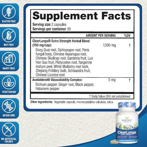 ClearLungs Extra Strength – Fórmula Natural para Saúde Pulmonar, Nasal, Brônquica, Respiratória, Sinusal e Suporte de Muco (60 Cáps, 30 Serv) - RidgeCrest Herbals