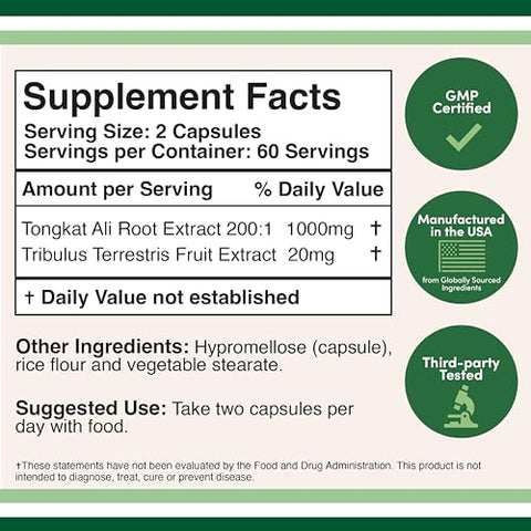 Double Wood Supplements - Extrato de Tongkat Ali 200 para 1 para Homens (Longjack) Eurycoma Longifolia, 1020mg por Porção, 120 Cápsulas – Suporte à Saúde Masculina com 20mg de Tribulus Terrestris (Testado por Terceiros)