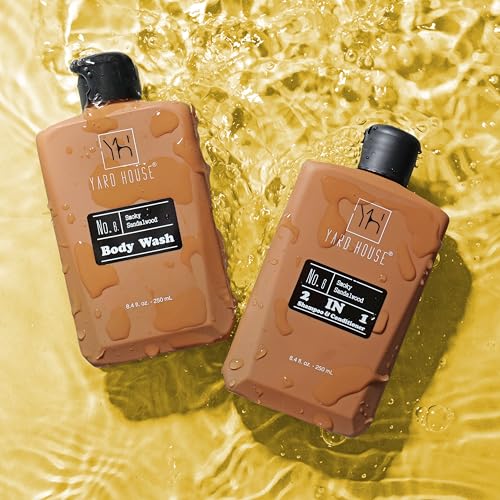 Yard House - Conjunto de Presente de Banho e Corpo de Luxo para Homens – Sandalwood Defumado – Kit de Cuidados com a Pele Natural para Homens c/ Sabonete Líquido, Esfoliante Facial, Loção Corporal, Desodorante em Couro