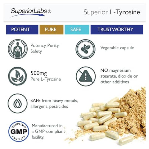 L-Tyrosine Natural Puro NonGMO – 500 mg, 120 Cápsulas Vegetais – Suporte para Clareza Mental – Estimula a Alerta – Aumenta a Energia – Suplemento Alimentar para Calmaria - Superior Labs