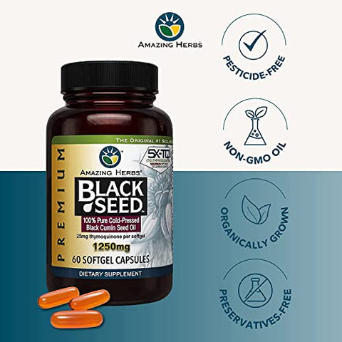 Óleo de Semente de Cominho Preto Premium Amazing Herbs – Alta Potência, Extraído a Frio de Nigella Sativa Auxilia na Saúde Digestiva, Suporte Imunológico – 60 Cápsulas