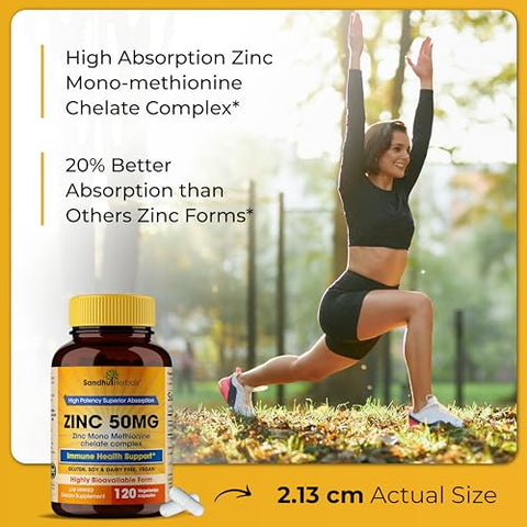 SANDHUHERBALS - Zinc 50mg – 120 Cápsulas Vegetarianas, Suplemento de Zinco Altamente Absorvível para Suporte Imunológico, Livre de Glúten