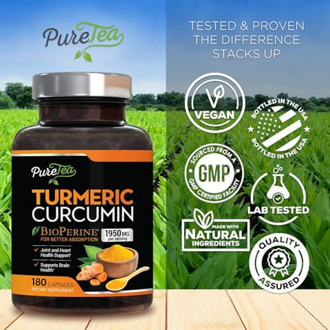SILVERONYX - Curcuma Turmeric com BioPerine 1950mg, 95%% Curcuminoides Padronizados – Pimenta Preta para Máxima Absorção, Suporte Herbal para Articulações, Extrato de Cúrcuma da Natureza Suplemento Não-OGM – 180 cápsulas