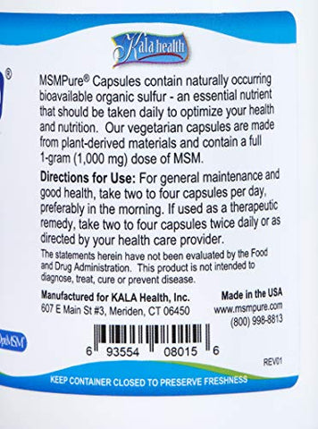 MSMPure Cápsulas Vegetarianas, 120 Unidades, Feitas com Cristais de Enxofre Orgânico, Suplemento de MSM Destilado 99,99% Puro, 1.000 mg por Cápsula, Fabricado nos EUA - KALA HEALTH