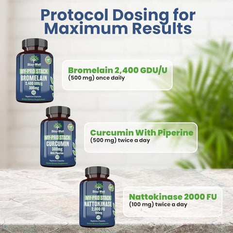 Stay-Well Naturals - Suplemento de Suporte, Nattokinase 2000 FU 100mg, Bromelina 500mg, Curcumina 500mg, Fornecimento de 60 Dias, Protocolo Completo de Nattokinase Bromelina Curcumina (Conjunto de 3 Frascos)