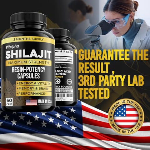 VITALPHA - Shilajit Resina Natural – Cápsulas Potentes (50% Ácido Fúlvico) – Shilajit Puro do Himalaia Orgânico Feito nos EUA – 85 Minerais Traços Shilajit para Homens – Suplemento Puro de Shilajit – 60