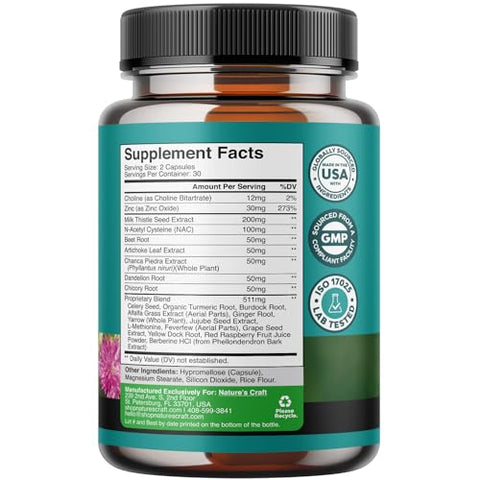 Natures Craft - Suplemento de Suporte Hepático com NAC – Fórmula Herbal com N Acetil Cisteína, Silimarina, Extrato de Cardo Mariano, Raiz de Dente-de-leão, Extrato de Alcachofra, Bitartarato de Colina e mais